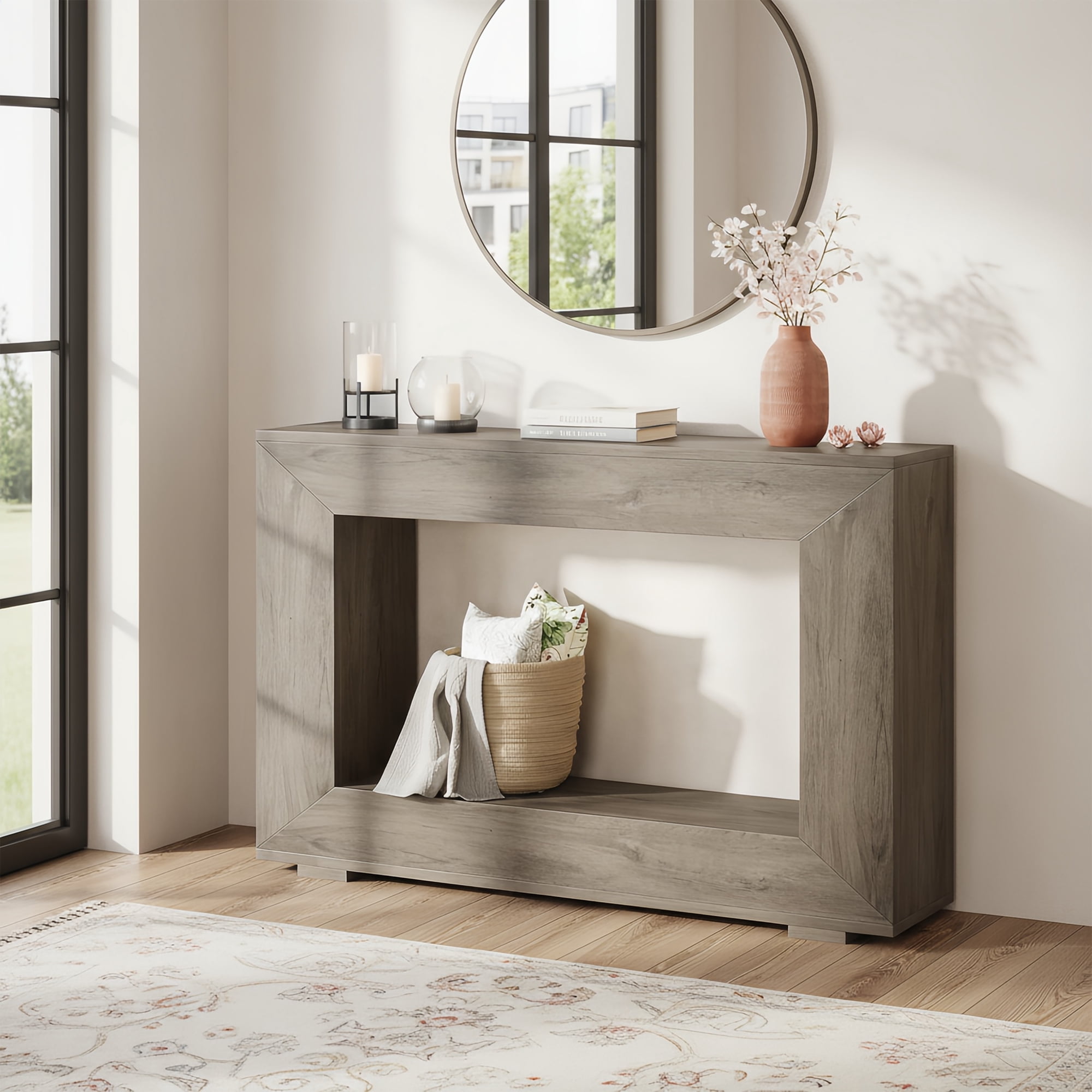 47" Farmhouse Industrial Console Table, Storage Entryway Table For Living Room, Foyer & Entrance With Wood Grain Finish (Grey)