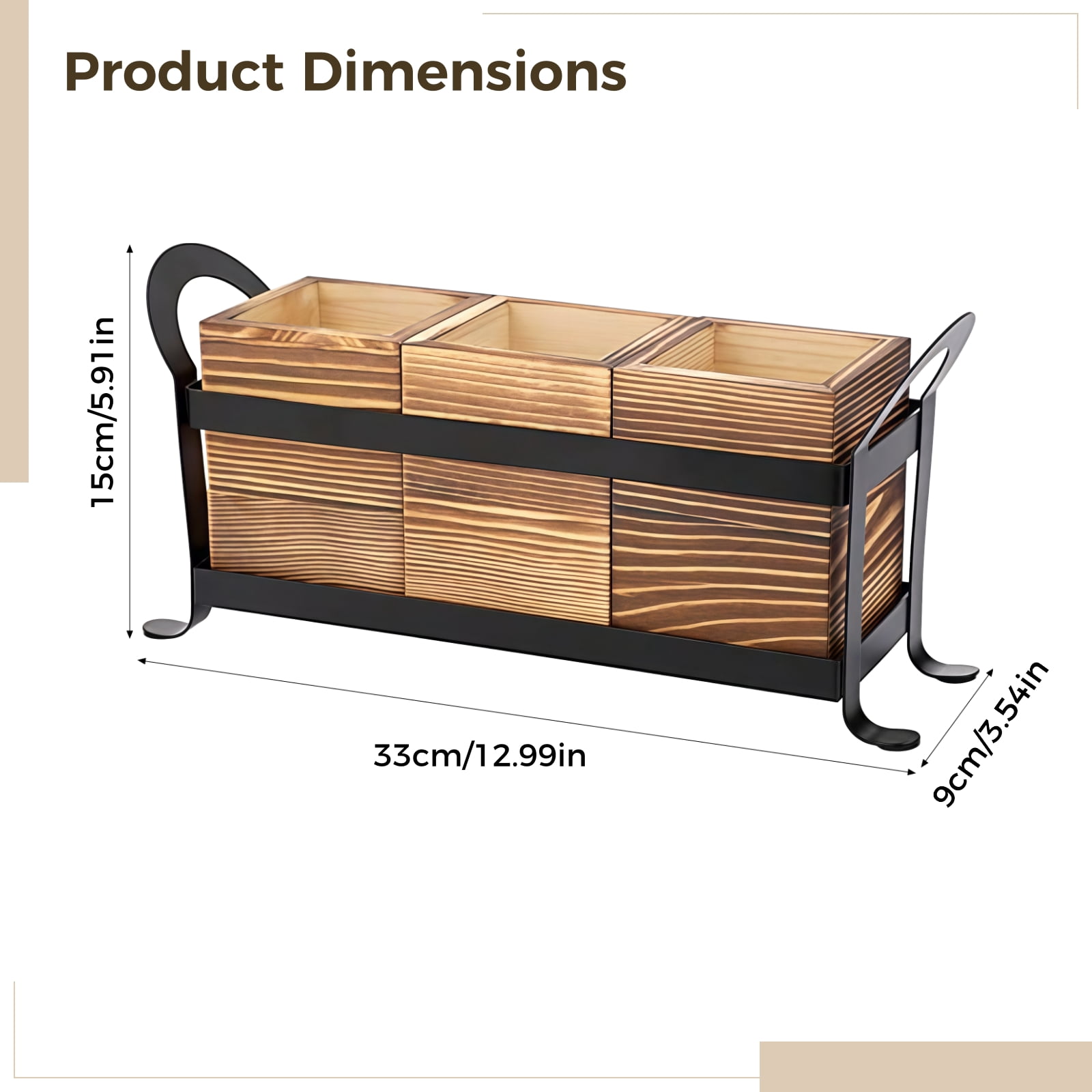 Wooden Utensil Caddy, 3-compartment Cutlery Holder, Metal Frame, Kitchen Countertop Organizer, Modern Design with Side Handles, Ideal for Kitchen and Dining Storage, 13 x 3.5 x 5.9"
