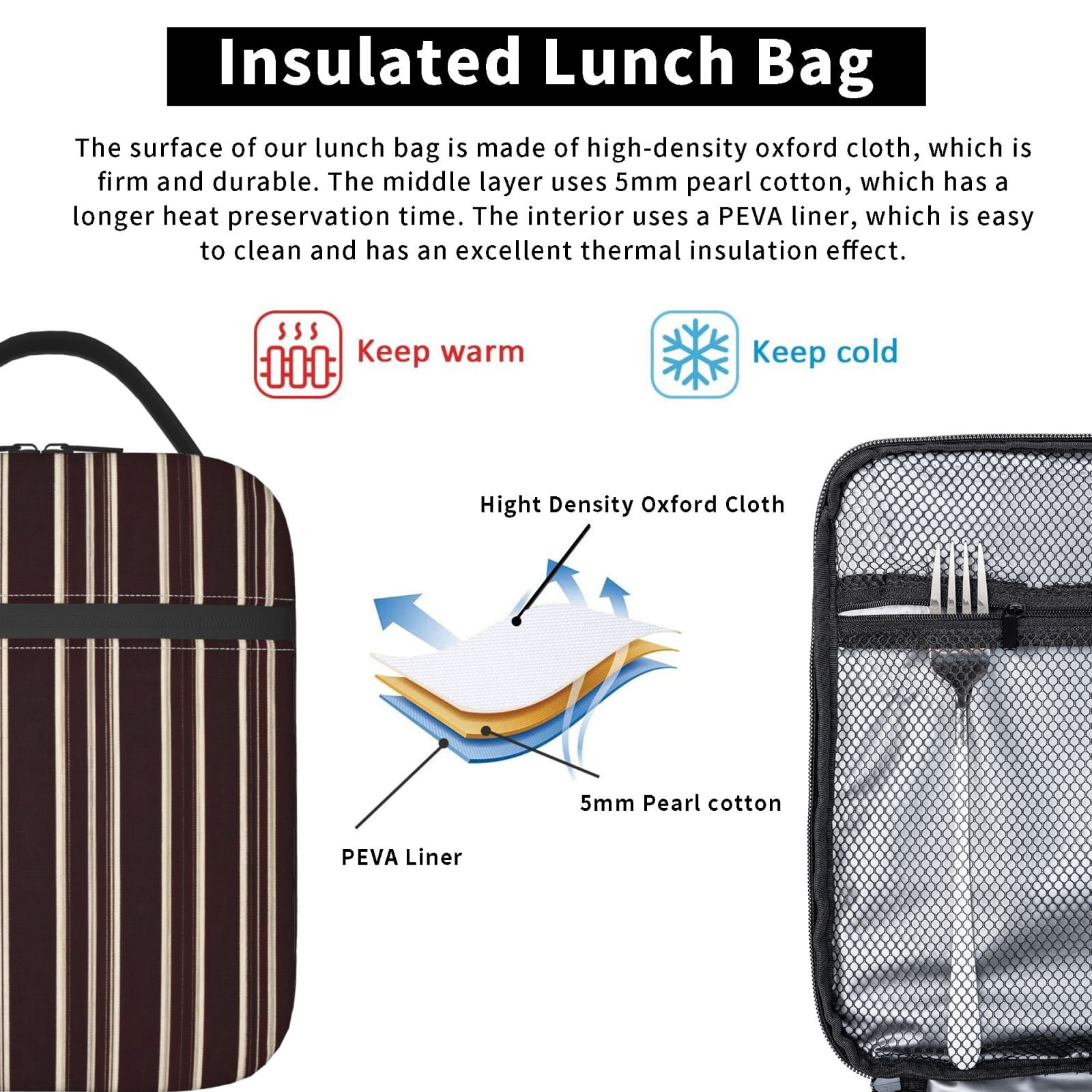 Lunch Bag For Women Men Insulated Portable Lunch Box Bento Box Office Picnic Travel Cooler Bag Maroon Stripe_1