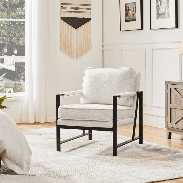 Alden Design Mid Century Modern Accent Chair with Metal Frame Ivory Boucle Fabric