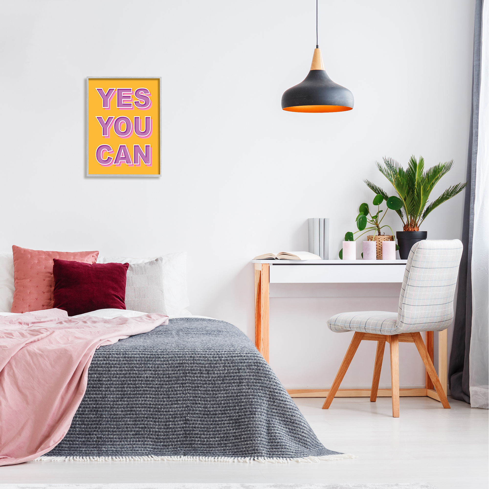 Stupell Industries Yes You Can Purple & Yellow Typography Painting Gray Framed Art Print Wall Art, 16 x 20