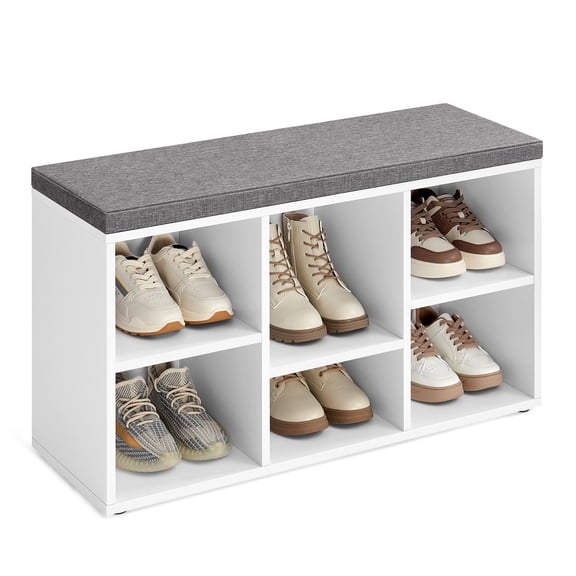 VASAGLE Shoe Bench with Cushion, Shoe Storage Bench with 6 Compartments and 3 Adjustable Shelves, Entryway Bench with Padded Seat, for Bedroom, Closet, Living Room, White