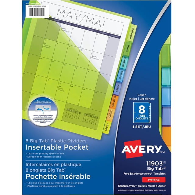 Avery Big Tab Insertable Plastic Dividers with Pockets, for Laser and Inkjet Printers, 9¼" x 11⅛", 8 tabs - 11903