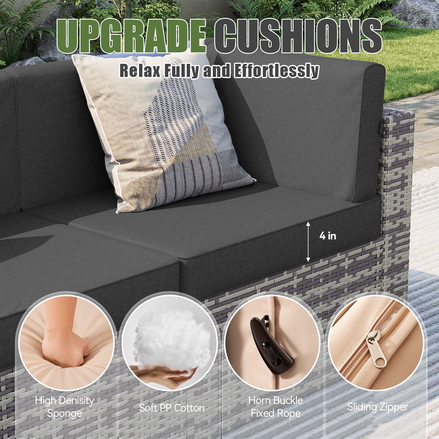 BaPiPro 7-Piece Outdoor Patio Furniture Set, Gray Wicker Rattan Sectional Sofa with Black Cushions & Coffee Table, All-Weather for Backyard, Porch, Deck, Balcony