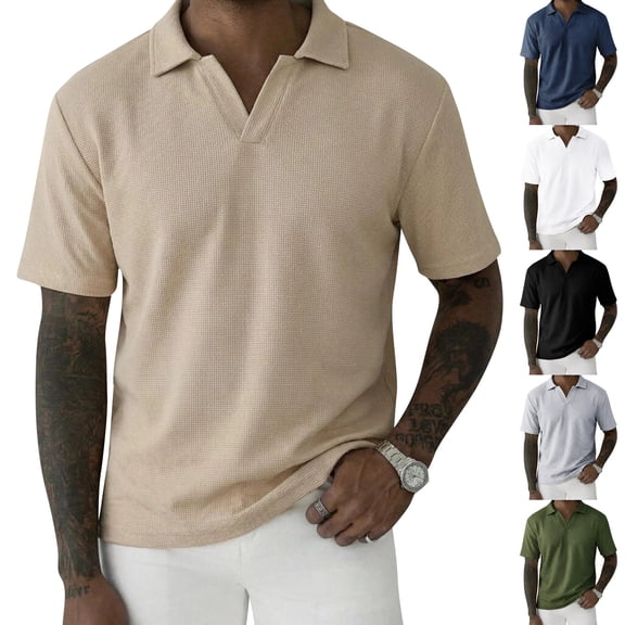 LTTVQM Mens Polo Shirts Short Sleeve Waffle Knit Casual Shirt Slim Fit 2026 Summer Fashion Golf Outdoor Shirts Khaki 3XL