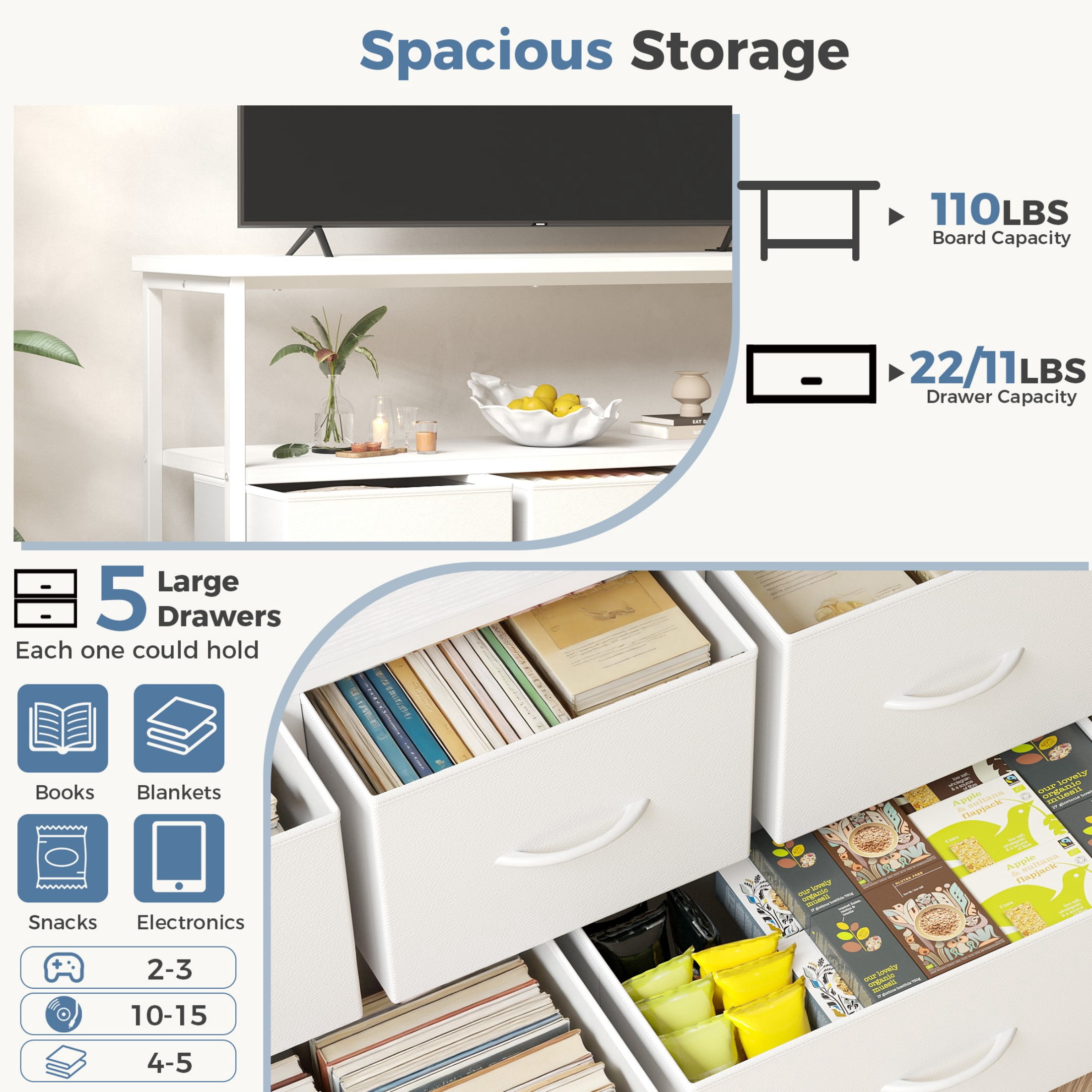 CONCETTA 39.3'' 5 Drawer Dresser with Charging Station, Fabric Storage Chest of Drawers for Bedroom, Living Room, Entryway, White