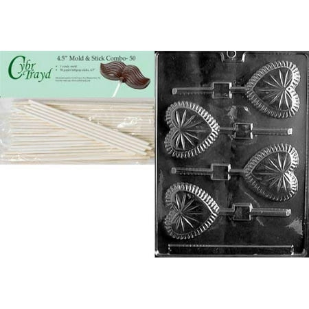 Crystal Lollipop - Cybrtrayd 45St50-V089 Crystal Heart Lolly Valentine Chocolate Candy Mold with 50 4.5-Inch Lollipop Sticks