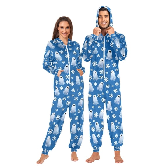 Adult Christmas Onesie Ghost Snowflake Pattern Zipper One-Piece Pajamas Unisex with Pockets