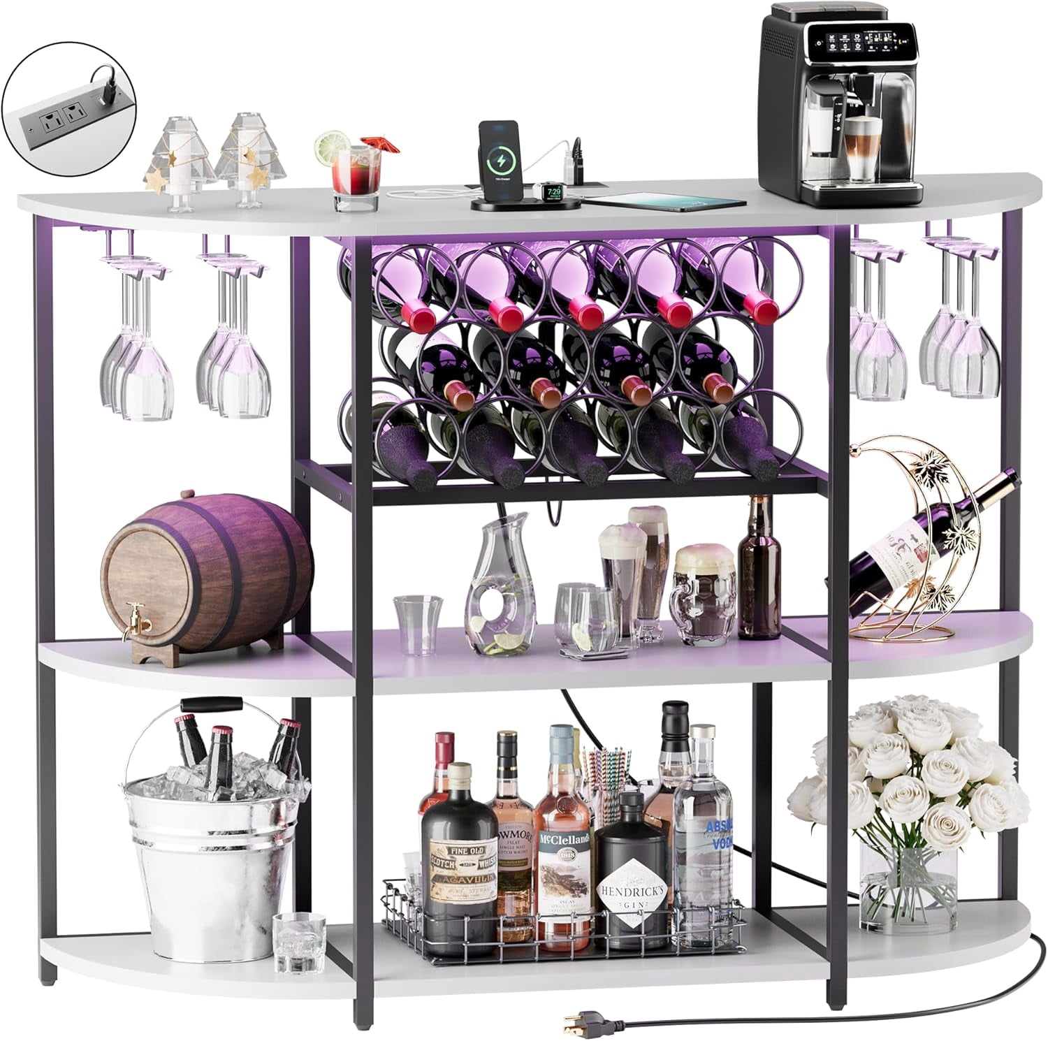 VICTONE Wine Bar Cabinet with LED Lights and Power Outlets, Freestanding Coffee Liquor Bar Cabinet with Glass Holder, Wine Rack Table for Home Kitchen Dining Room (White)