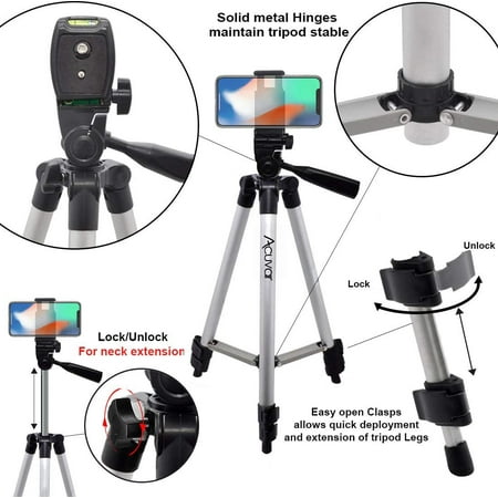 Acuvar 50" Inch Aluminum Camera Tripod with Universal Smartphone Mount