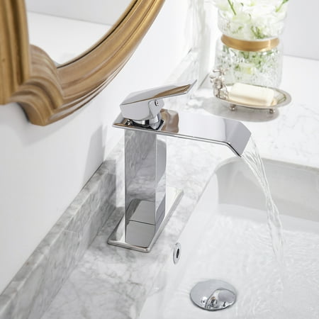 

Waterfall Single Hole Single Handle Low Arc Bathroom Faucet with Water Supply Line and Lock Cylinder Polished Chrome and Brushed Nickel