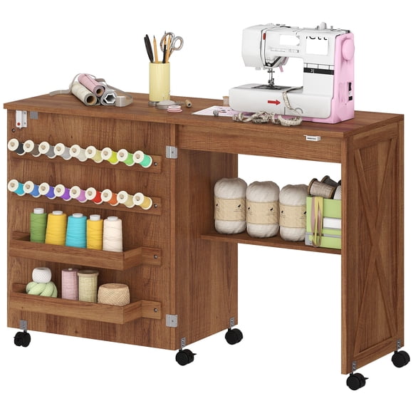 Folding Sewing Machine Table with Storage - Brown Craft Table on Wheels for Living Room, Bedroom & Home Office - Compact Cabinet Design with 18 Pegs & Shelf