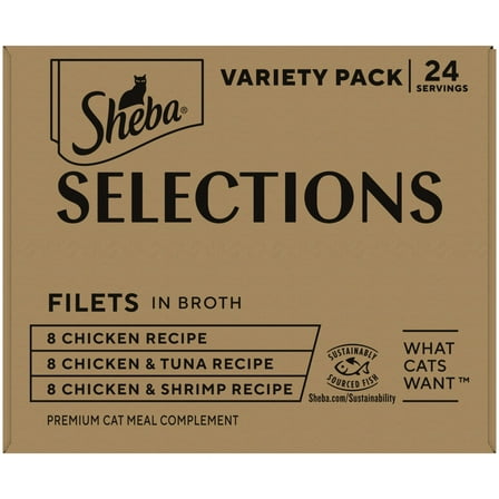 Sheba Selections Filets in Broth Variety Pack Adult Cat Meal Complement, 1.3 oz Cups, 24 pk