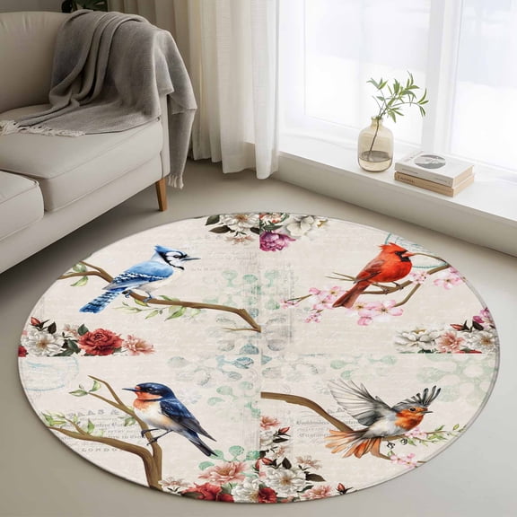 Spring Birds Floral Round Rug 3ft Washable Circle Entryway Rugs Non Slip Farmhouse Botanical Burlap Area Rug Indoor Floor Carpet for Bedroom Kitchen Living Room Home Office Dining Room Nursery