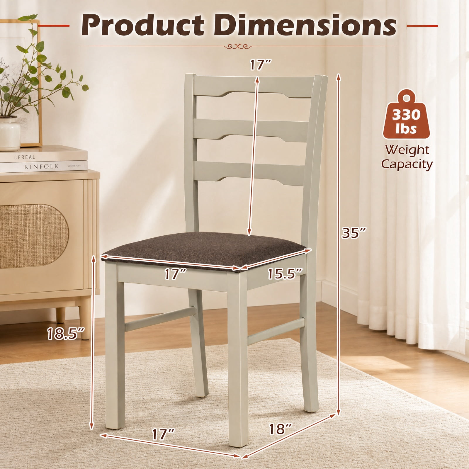 Furnibear Linen Style Upholstered Dining Chairs Set of 2 with Ladder Back and Solid Rubber Wood Frames for Farmhouse Kitchen, White