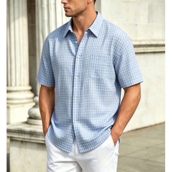 COSFO Summer Men's Button Down Short Sleeve Shirts Cotton Plaid Shirts Casual with Pocket Loose Fit Collared Tops