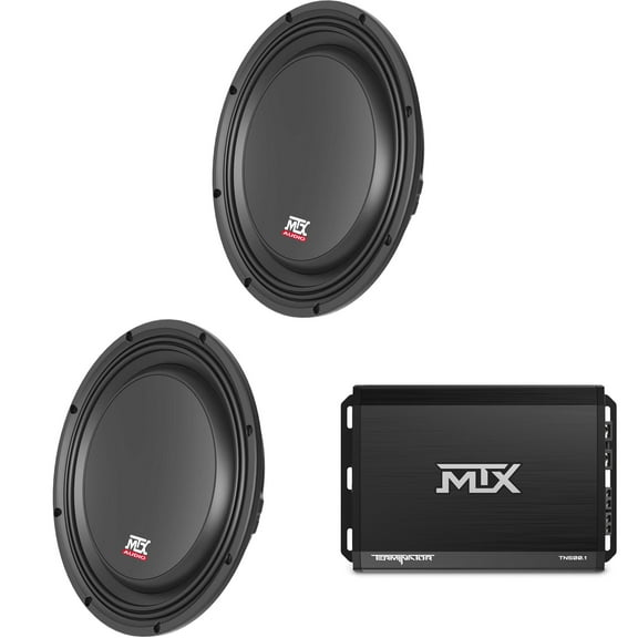 MTX TERMINATOR 500-Watt RMS 2Ω Mono Block Class D Amplifier and Two MTX Audio 3510-04S 35-Series 10" 300W RMS 4-Ohm Shallow Mount Subwoofer