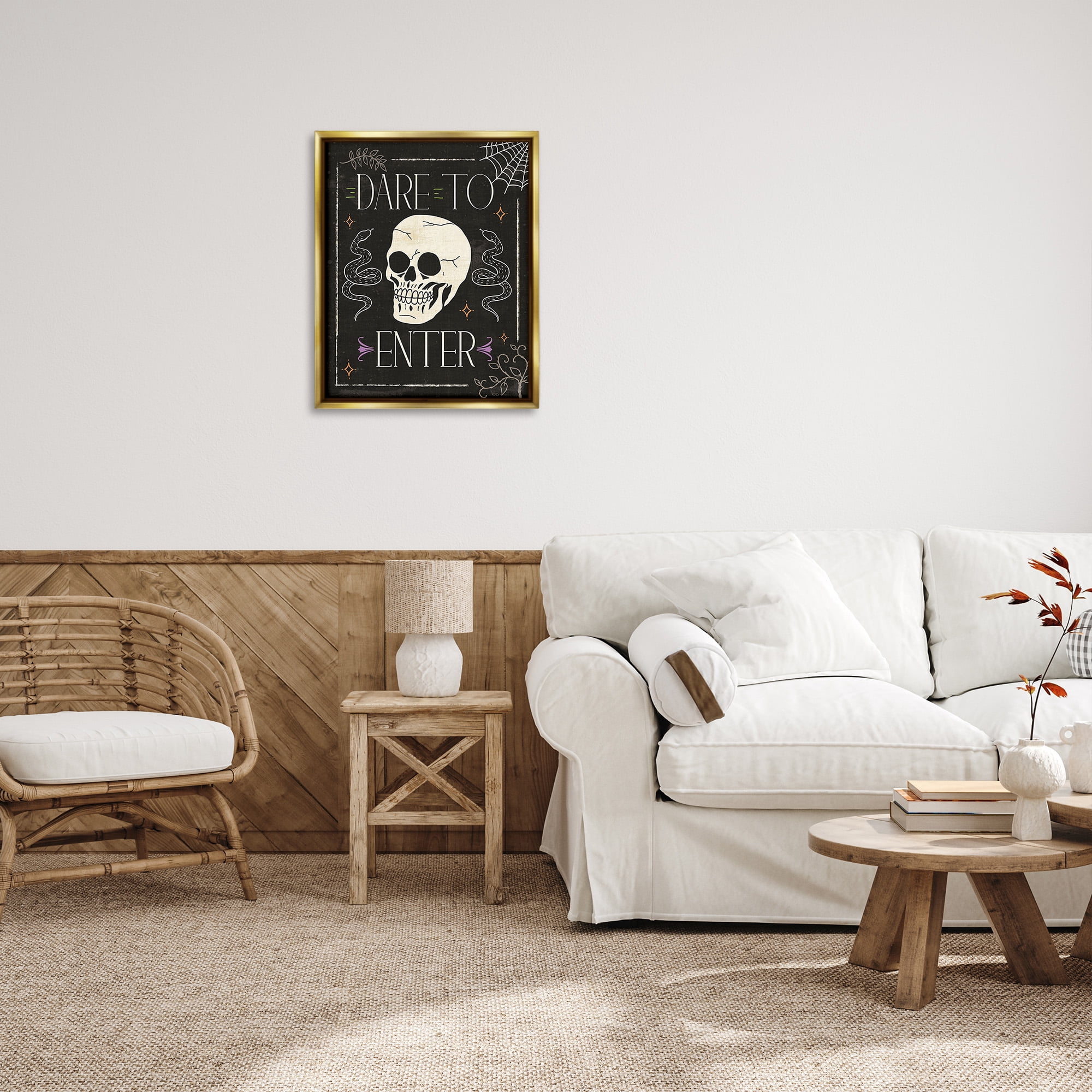 Stupell Industries Dare To Enter Phrase Holiday Painting Gold Floater Framed Canvas Art Print Wall Art, 25 x 31
