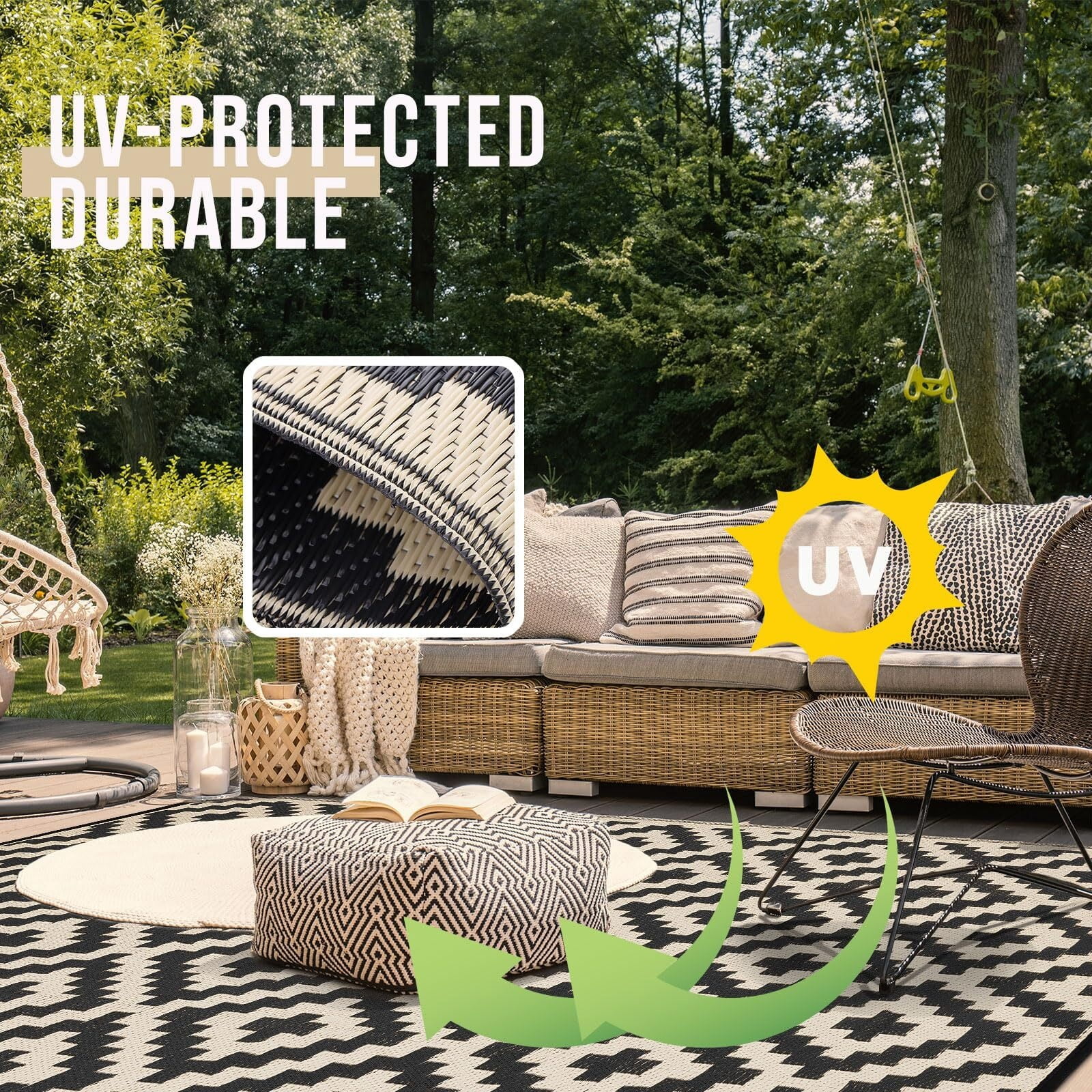 Waterproof Outdoor Rug 5x8 ft, Reversible Plastic Straw Patio Rug for Camping, RV Mat Outside, Indoor Outdoor Carpet for Porch, Deck, Backyard, Camper, Balcony, Picnic, Black & White
