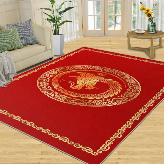 Chinese Style Dragon Rugs For Living Room, Red Gold Rugs For Bedroom, Ultra Soft Short Pile Machine Washable Carpet For Kids Room Under Kitchen Table Apartment Office