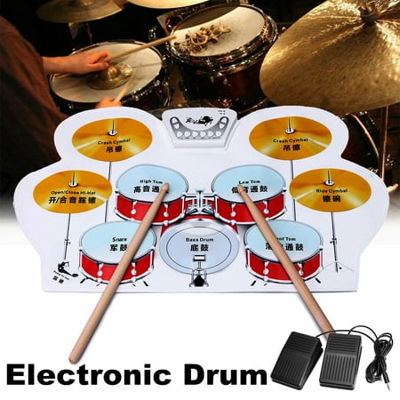 Electronic Drum Pad Set Electronic Drum Kit Digital Foldable Roll-Up Drum Pad Set Instruments with Drum Sticks Foot Pedals for Practice Starters Kids ()