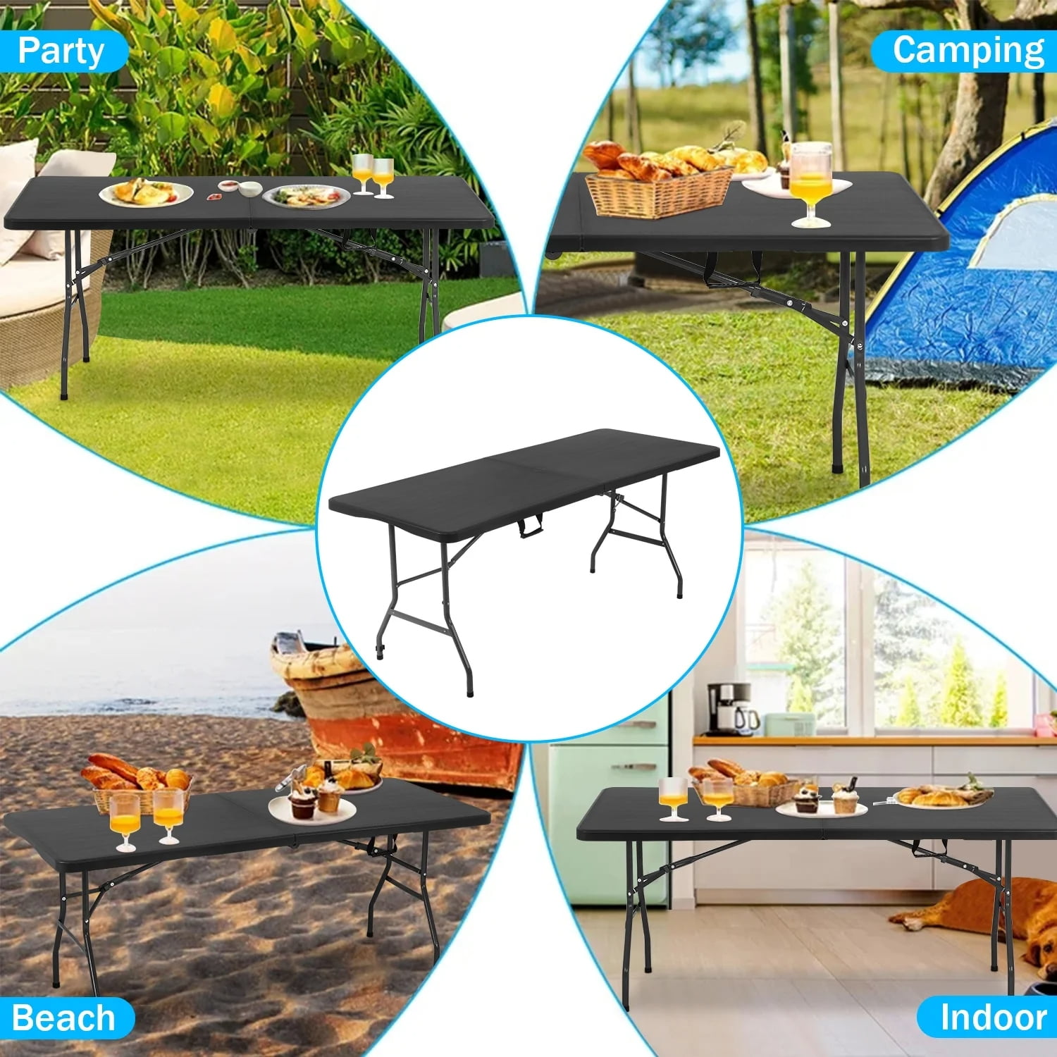 NiamVelo 6ft Folding Table Portable Plastic Indoor Outdoor Camping Dining Table with Carrying Handle, Black