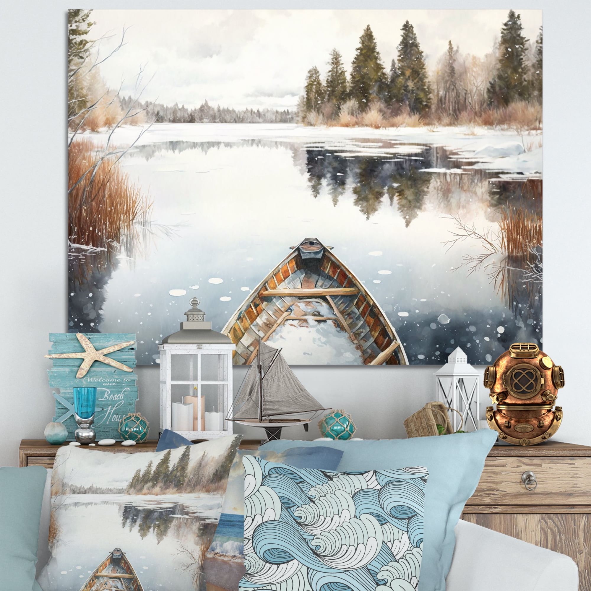 Designart Winter Canoe Scenery II Canvas Wall Art