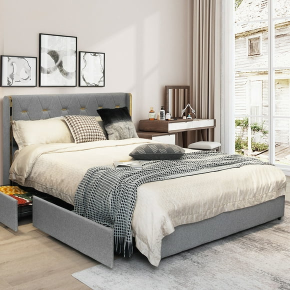 Gymax Full Upholstered Bed Frame with 4 Storage Drawers Headboard Silver