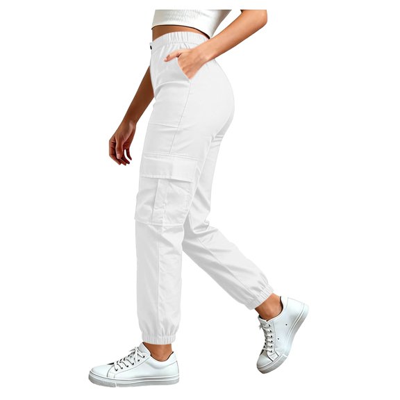 Fgnfyis Womens Cargo Pants High Waisted Casual Flat Front Pockets Elastic Everyday Comfort Cargo Trousers Women Pants White M