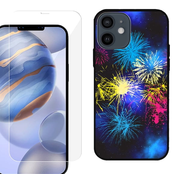 Slim-Fit Protective Phone Case (Black) compatible with iPhone 12 / iPhone 12 Pro, with Tempered Glass Screen Protector, by OneToughShield ® - Fireworks