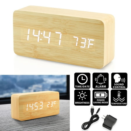 Oct17 Digital LED Wooden Desk Clock Alarm Snooze Voice Control Timer Thermometer -