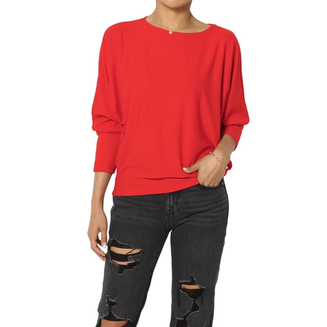 TheMoogan Women's PLUS Closet-Essential Drapey 3/4 Dolman Sleeve Boat Neck Relaxed Ribbed Top