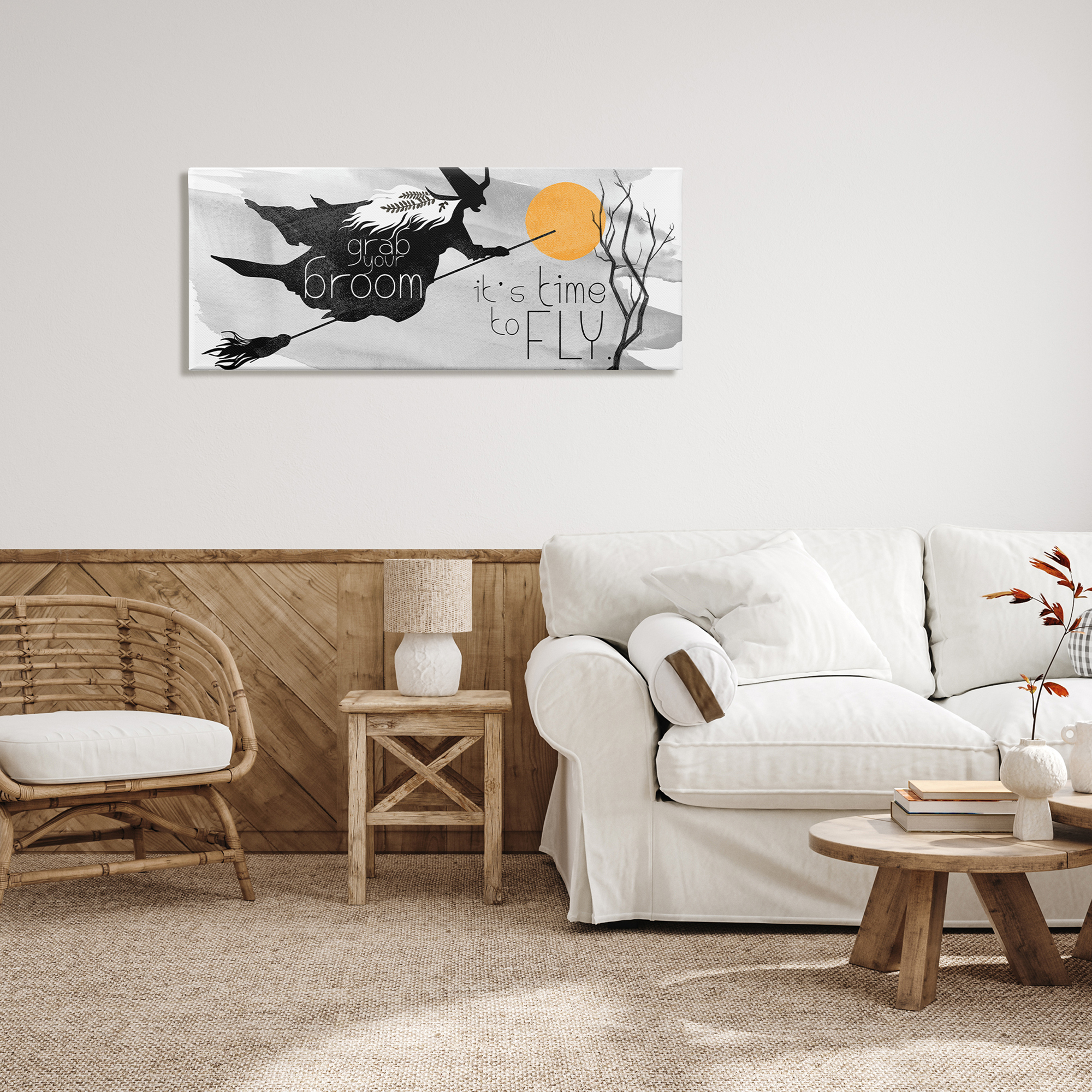 Flying Witch Broom Typography Nighttime Halloween Sky Fairy Tales & Fantasy Graphic Art Gallery-Wrapped Canvas Print Wall Art