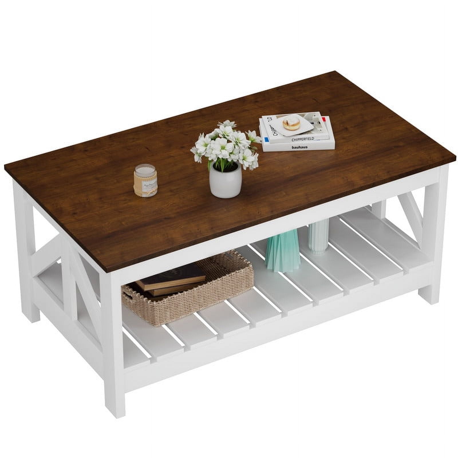 Homall 39" 2-Tier Farmhouse Coffee Table Wood Center Table with Storage Shelf for Living Room, Brown & White
