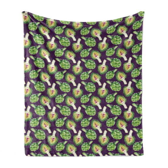 Vegetable Art Soft Flannel Fleece Blanket, Vibrant Artichoke Motif Exotic Kitchen Organic Recipe Diet Menu Kitchen, Cozy Plush for Indoor and Outdoor Use, 60" x 80", Plum Fern Green, by Ambesonne