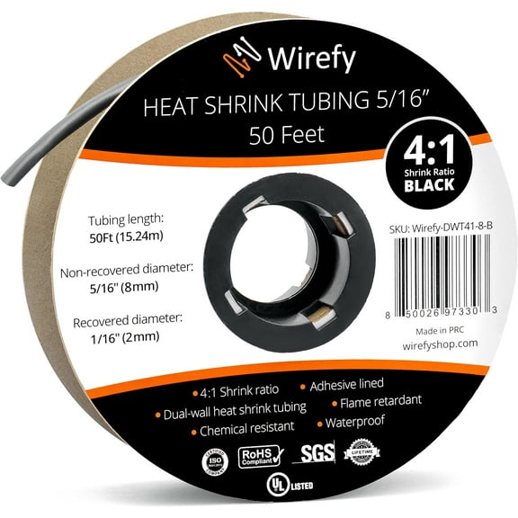 Wirefy 5/16" Heat Shrink Tubing - 4:1 Ratio - Adhesive Lined - Marine Grade - 50 feet roll - Black