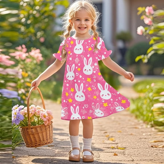 SGFCWSX Girls Ruffle Sleeve Swing Dress Kids Crewneck Graphic Casual Dress for Spring Summer Play Pink Size 7-8 Years