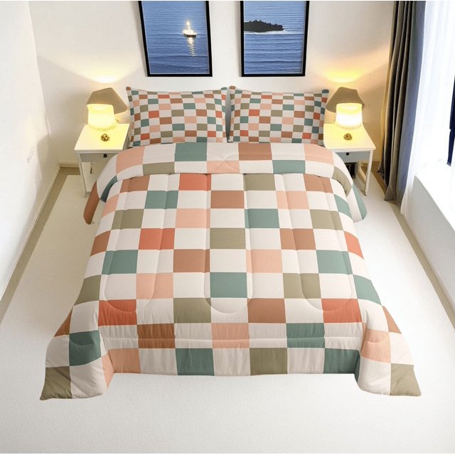 Erosebridal Check Plaid Bedding Full Comforter Set, Geometric Down Comforter, Farmhouse Gingham Decor, Microfiber 3 Pieces