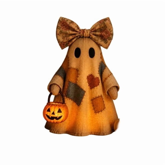 Qndoxp Vintage Patchwork Ghost Halloween Decor Freestanding Ghost Figure with Bow & Light‑Up Pumpkin Bucket Indoor Halloween Decoration