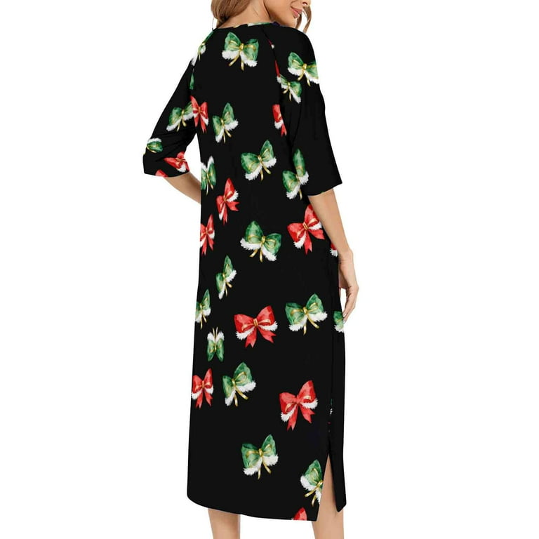 Women's Christmas Pajamas Dress Three Quarter Sleeves Crewneck Zip Up Home  Pjs with Pockets White-5 M