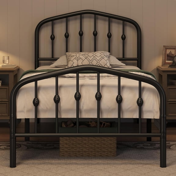 Twin Bed Frame Arched Headboard, Victorian Metal Platform Black