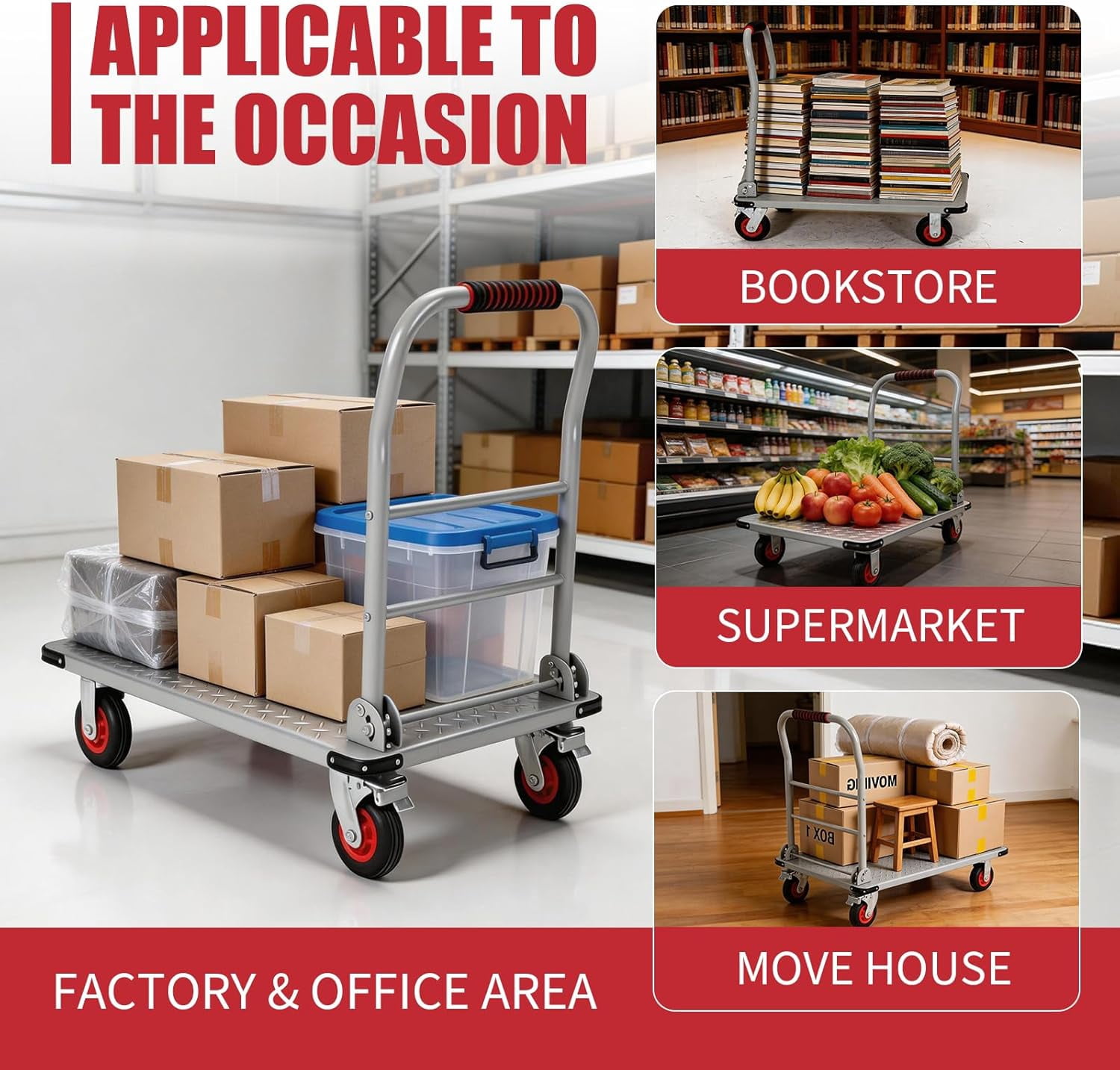 1800LBS Platform Truck Cart, 36"x24" Heavy Duty Utility Push Cart with 6" Swivel Wheels & Brakes, Foldable Hand Truck for Warehouse, Shipping & Moving