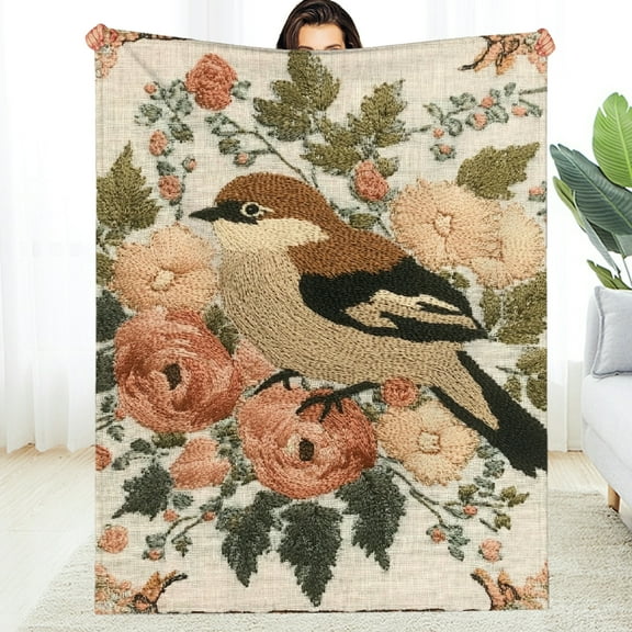 FCXZI Warm Cozy Decorative Blanket Bird Flowers Embroidery Soft Flannel 30*40in