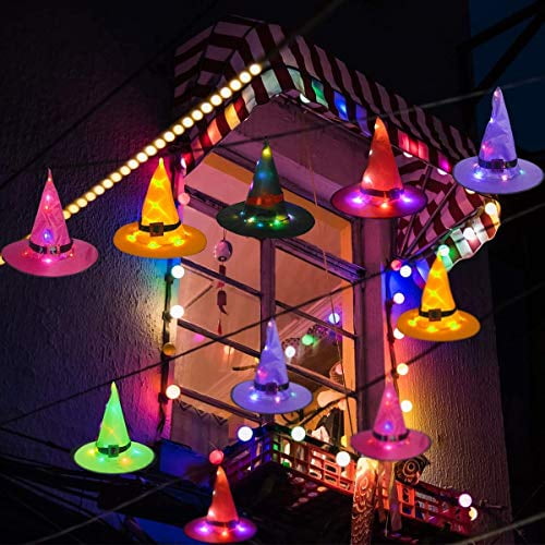 Garden Yard Lighted Glowing Hanging Witch Hats for Outdoor Indoor Sixome 6 Pcs Halloween Witch Hats String Lights with Battery Operated Tree Halloween Decorations Party Cosplay