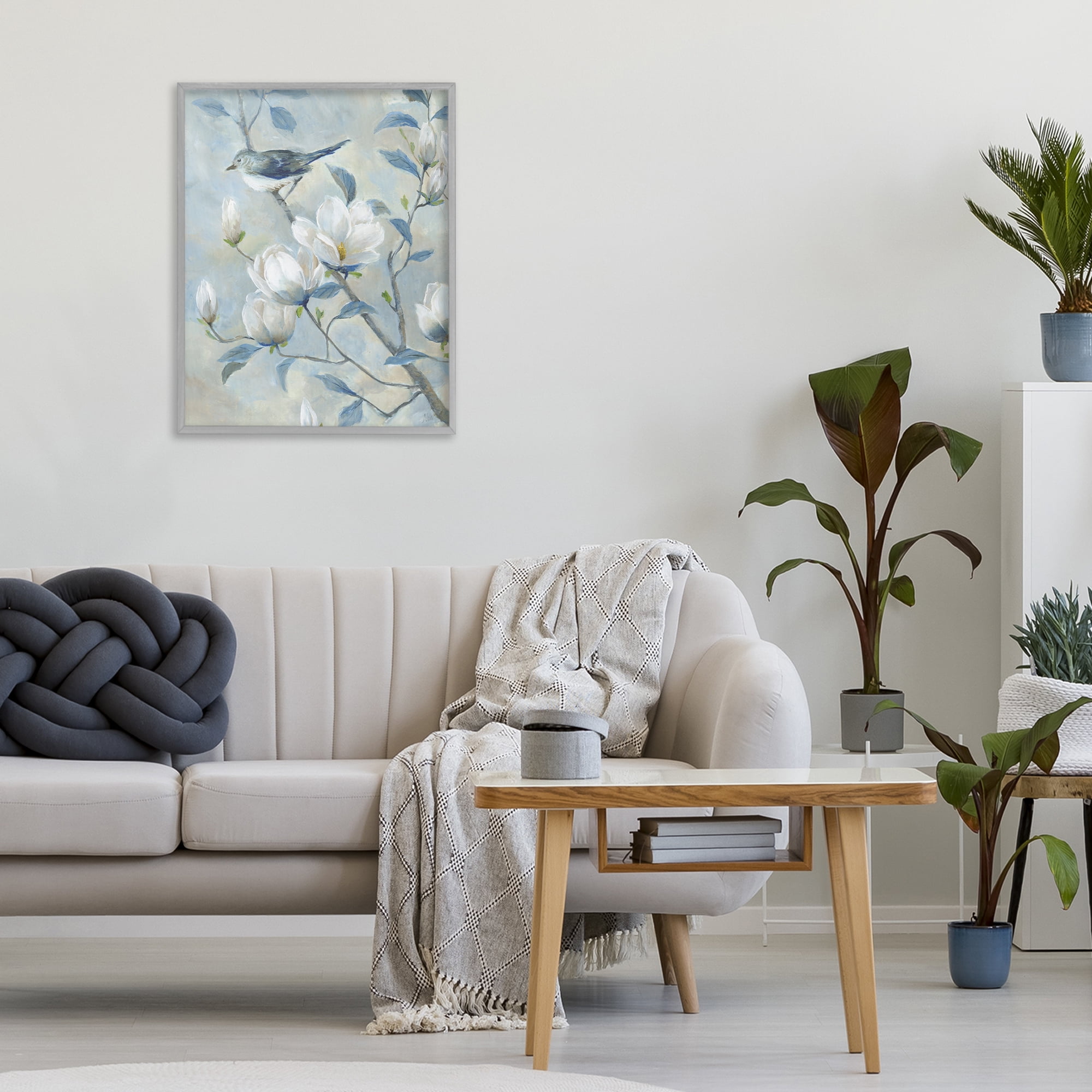 Stupell Industries Blue Bird in Magnolia Tree Gray Framed Giclee Art, design by Nan