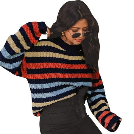 Anself - Women Loose Striped Knitted Sweater Rain-bow Contrast Color ...