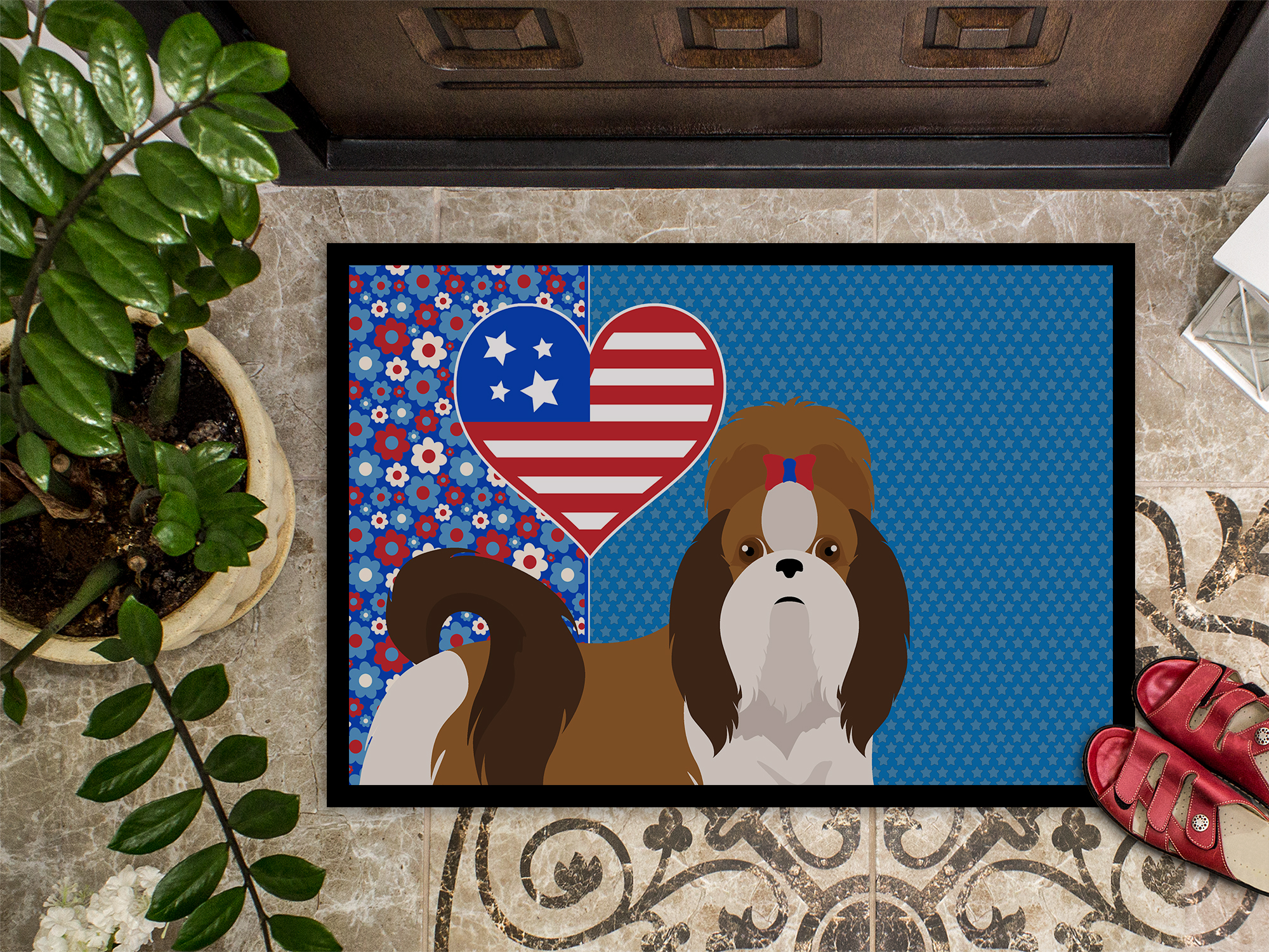 Red and White Shih Tzu Indoor or Outdoor Mat 24x36 36 in x 24 in