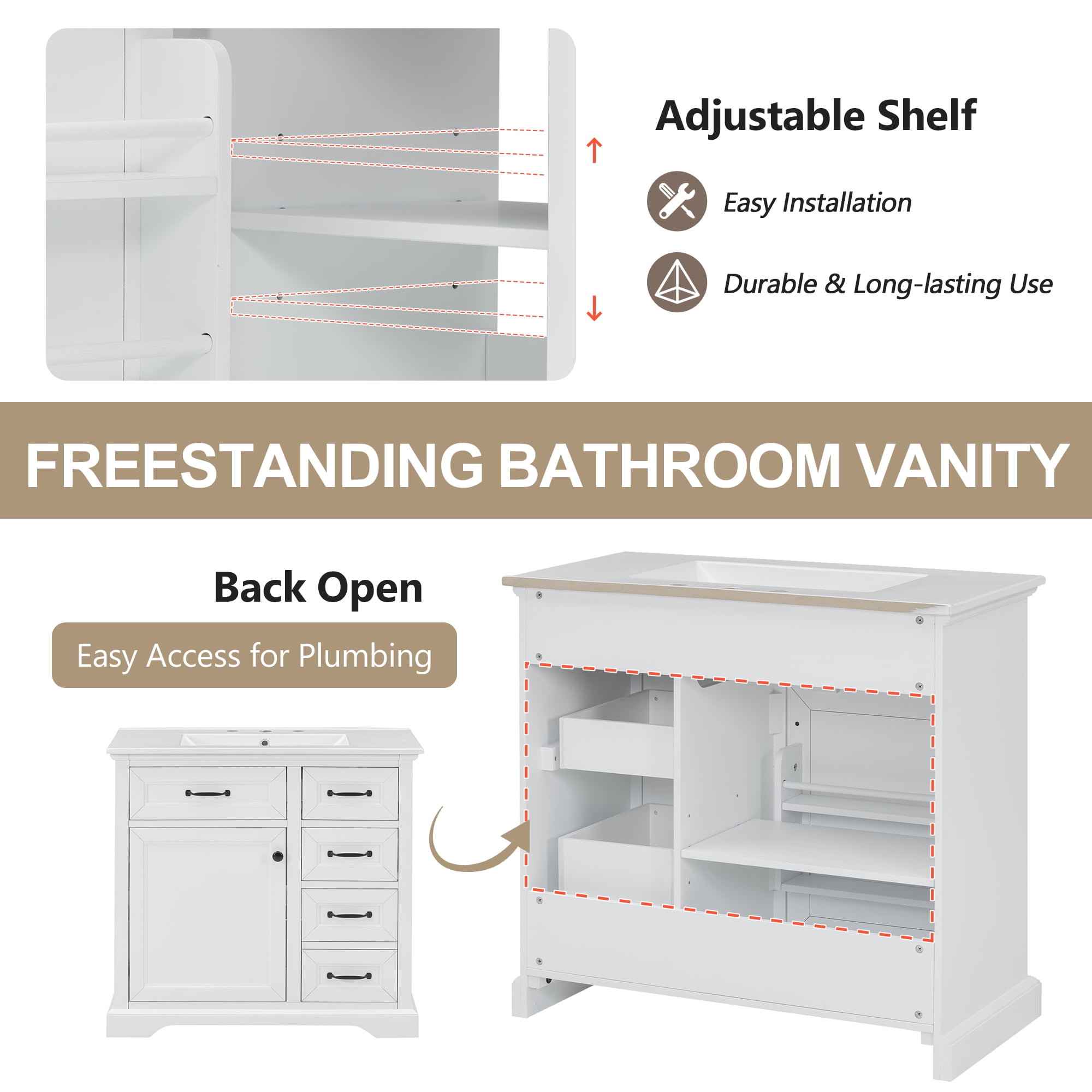 Euroco 36" Bathroom Vanity with Sink, Ceramic Sink, 2 Tip-out Drawers, Soft Close Door Hinges
