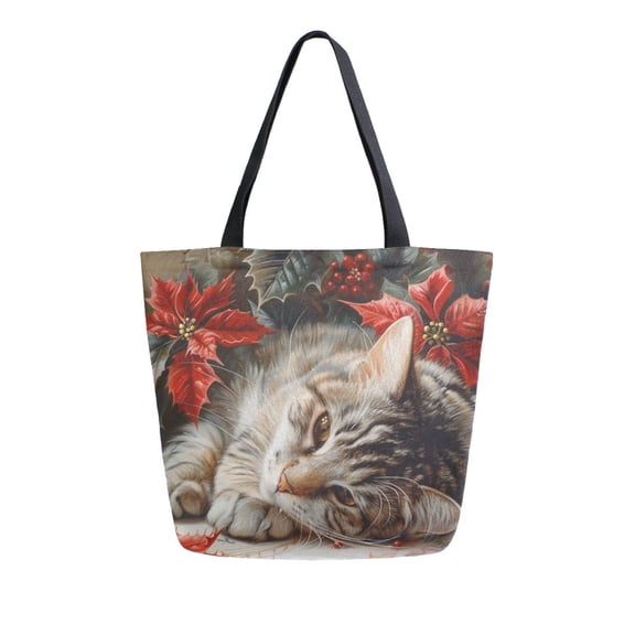 DIXRUYEE Tote Bag Women Weekender Travel Bag Shoulder Handbag Cat with Poinsettias Printed