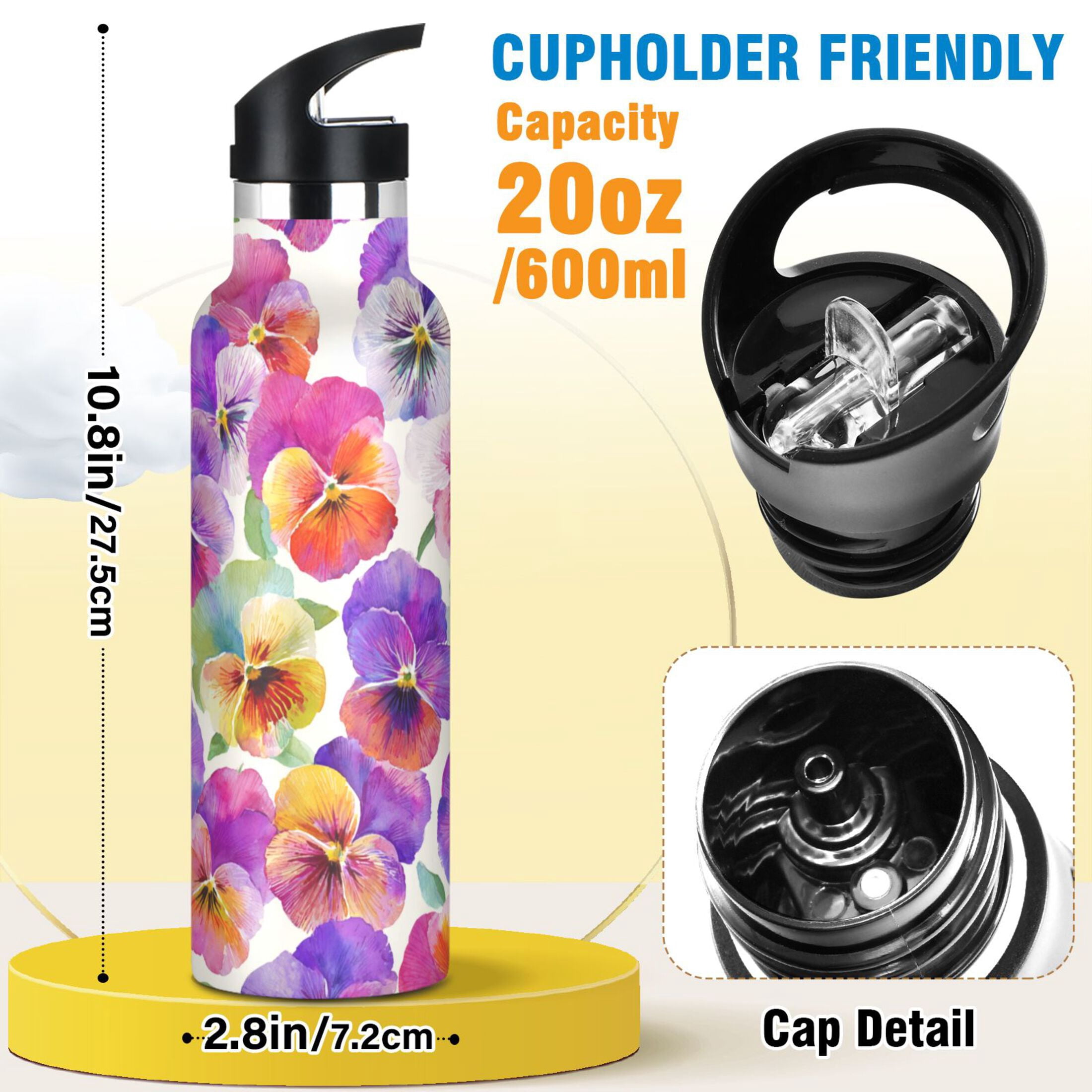 Kids Insulated Stainless Steel Sports Water Bottle 600ml (20oz) Pansy Pattern
